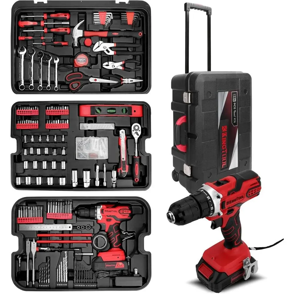 286pc KINGTOOL Home Auto Mechanic Repair Tool Set Kit with Rolling Box 21V Drill